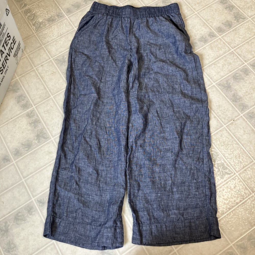 Tahari Medium Pull On Pants Linen Blue Wide Leg Pockets Capsule Minimalist